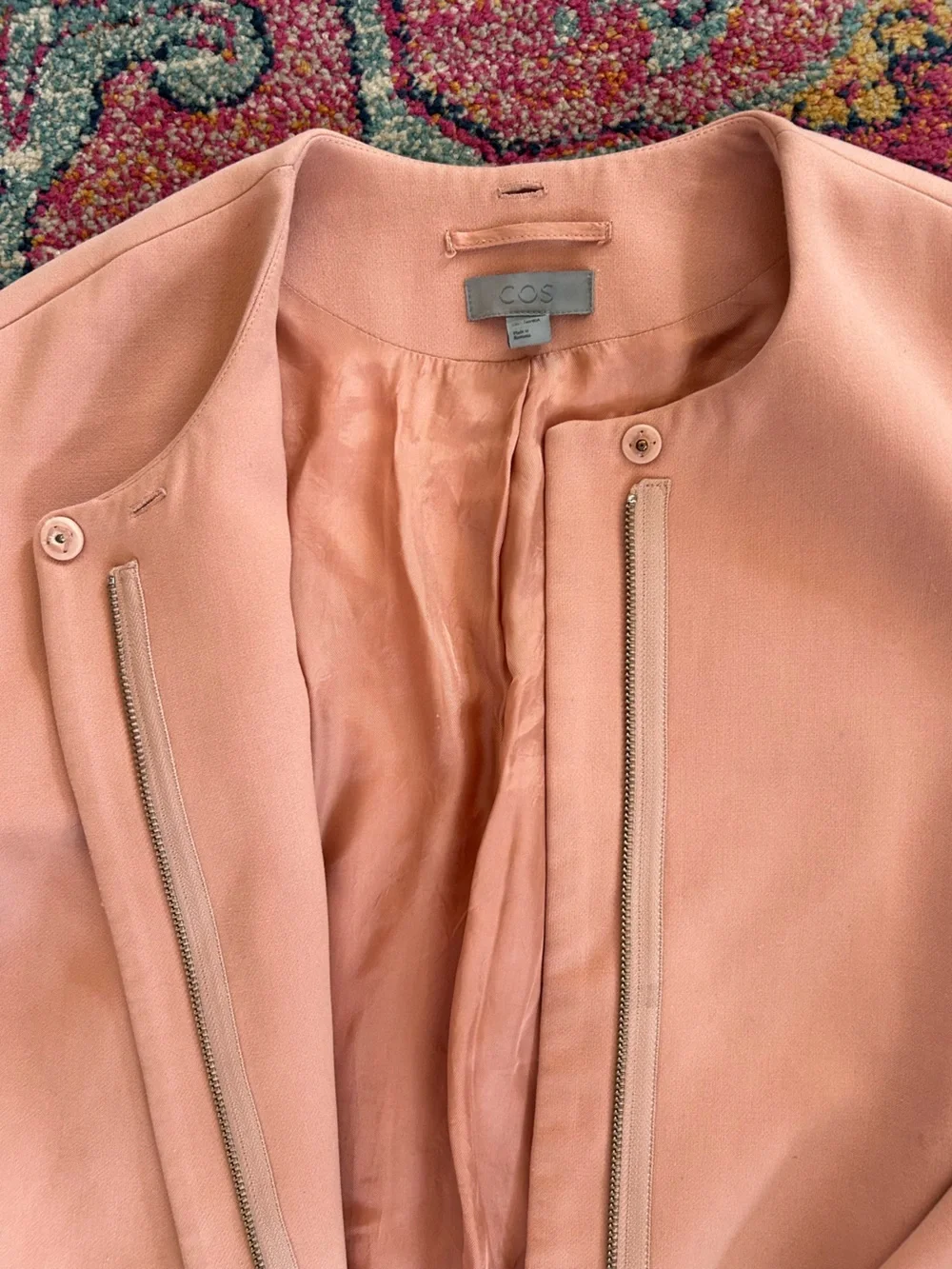 COS | Women’s Blush Pink Soft Minimalist Collarless Hidden Zip Front Coat Size 4